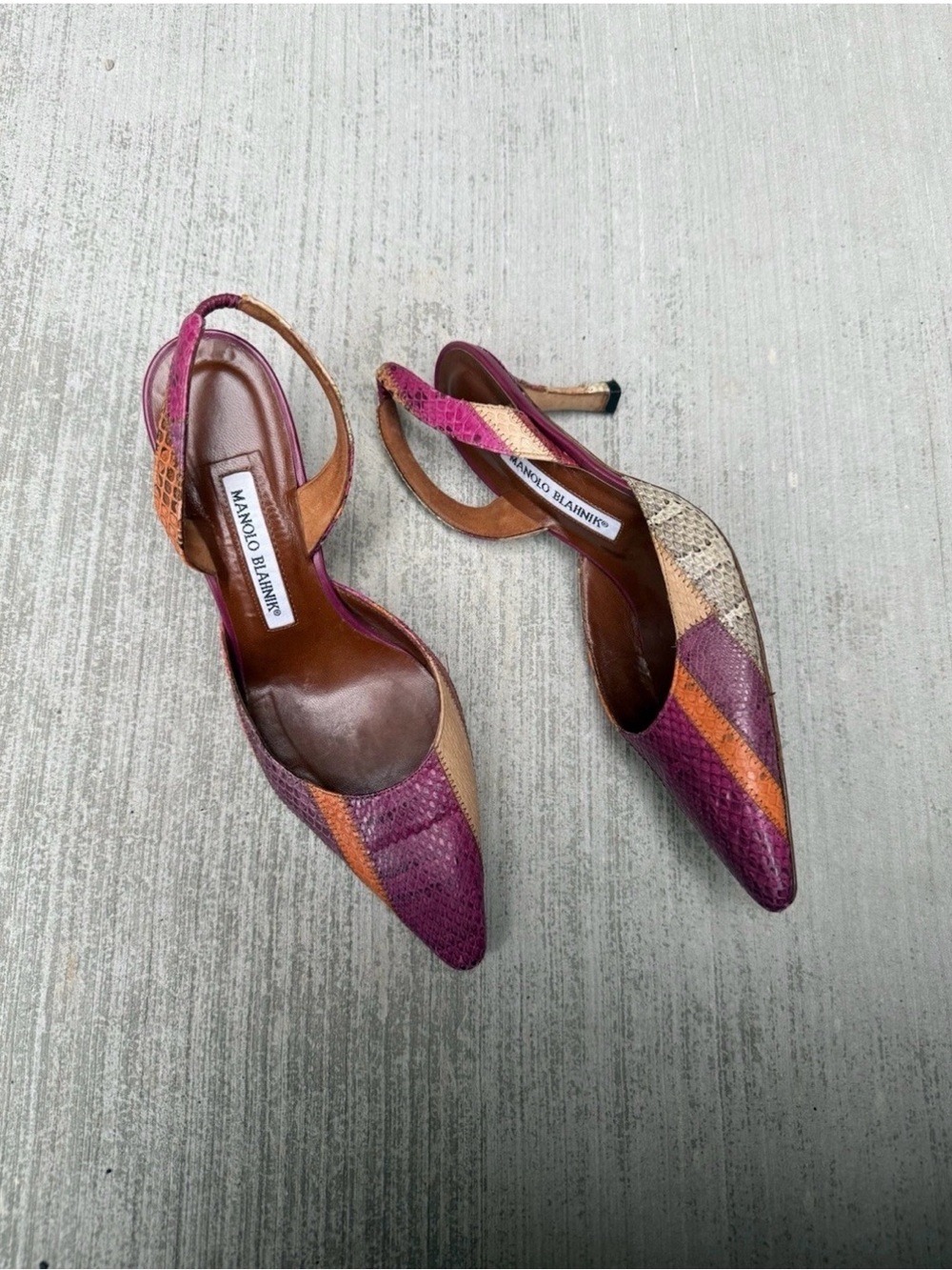 Vintage Manolo Blahnik Purple, Tan & Orange Multicolor Patchwork Slingback Pumps
